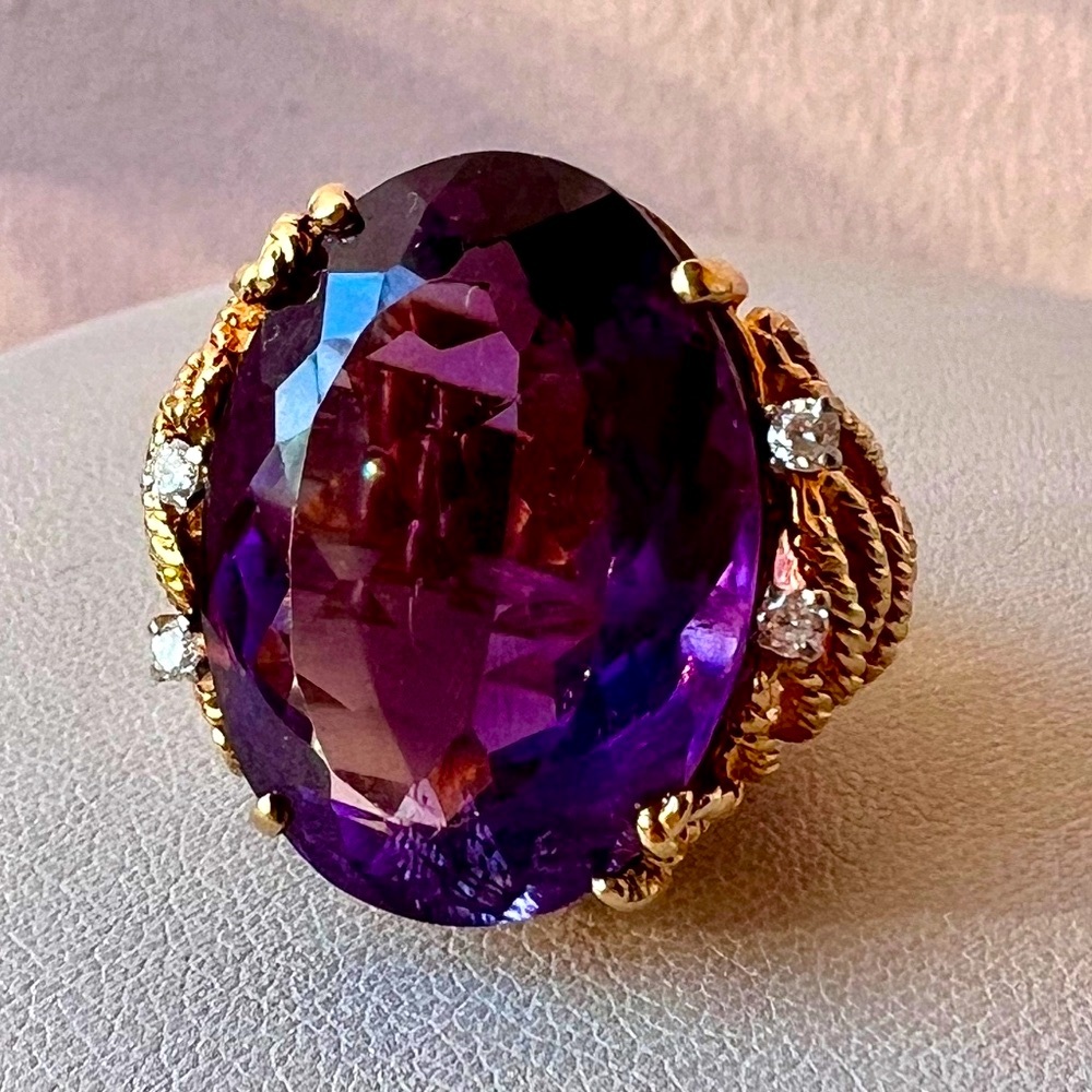 VINTAGE 14K YELLOW GOLD HUGE AMETHYST DIAMOND RING STATEMENT ORNATE VERY HEAVY
